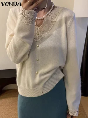 2025 Women’s Lace Patchwork Knit Pullover – Long Sleeve Elegant Autumn Sweater