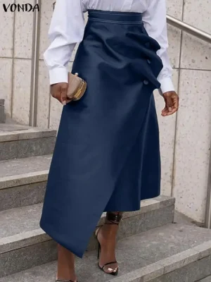 2025 Plus Size Satin Maxi Skirt – High Waist Pleated Asymmetrical Long Skirt