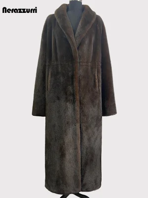 Nerazzurri Brown Faux Mink Fur Coat – Long, Thick, Fluffy Women’s Shawl Collar Overcoat 2024