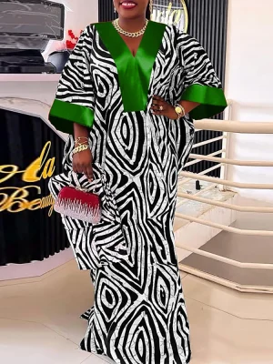 Plus-Size Vintage Satin Patchwork Maxi Dress – 5XL