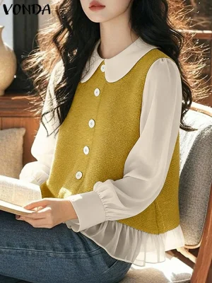 Autumn Patchwork Long Sleeve Button Tunic Top