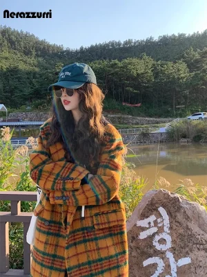 Nerazzurri Colorful Plaid Woolen Coat for Women – Long, Loose, Double-Breasted Winter Jacket 2023