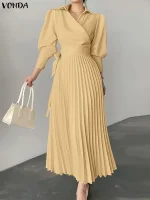 2025 Elegant Women’s Pleated Office Dress – Lace-Up Lapel Sundress